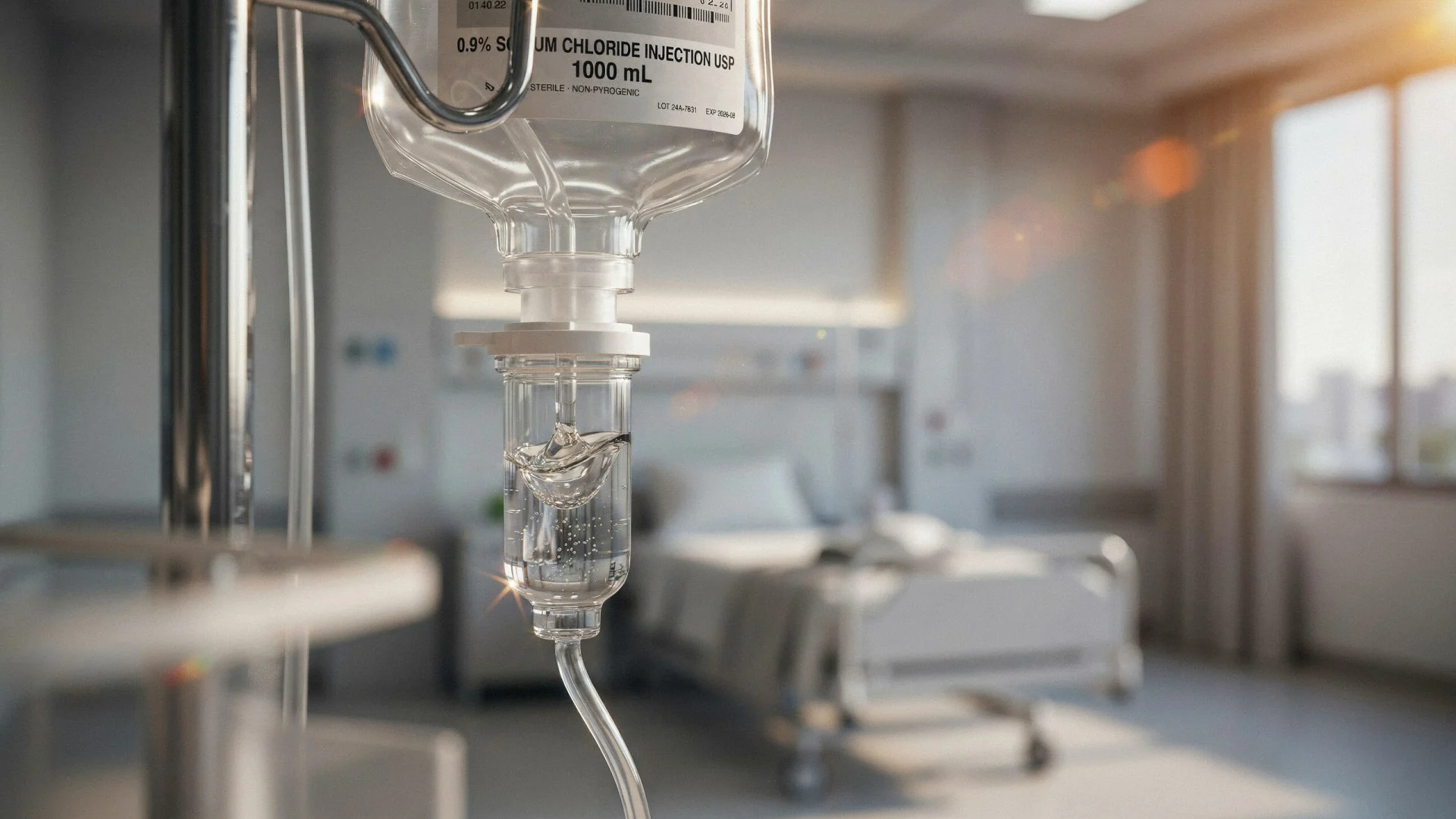 An intravenous drip beside a hospital bed